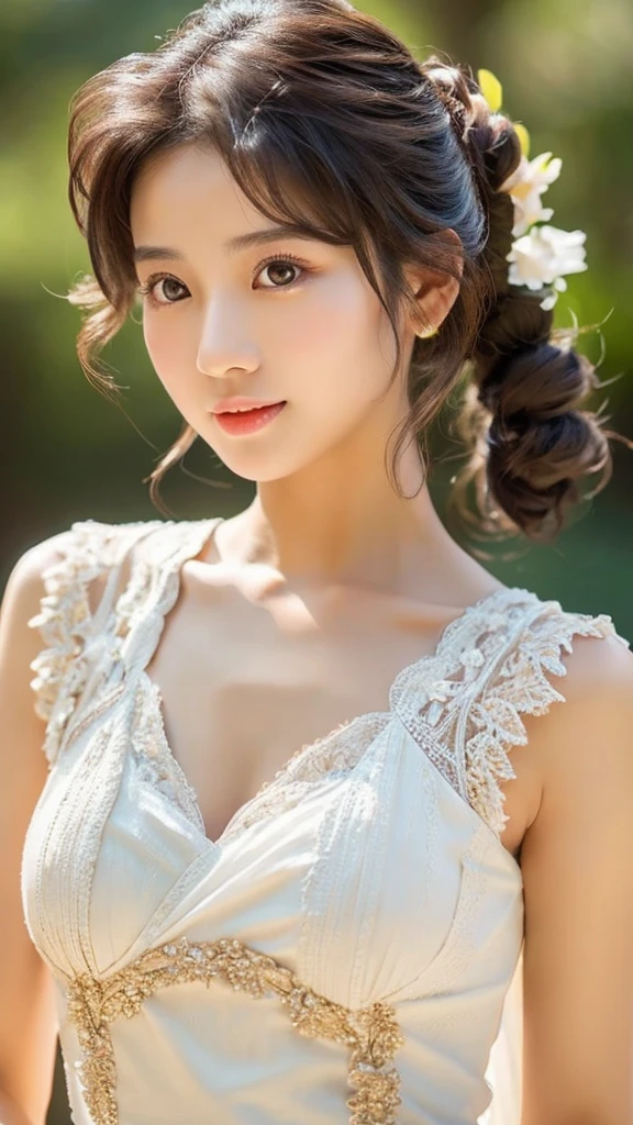 (Realistic) Insanely beautiful asian lady with messy bun hairstyle and brown eyes, cute and attractive facial expressions, natural skin color, godly perfect body (highly detailed) , cinematic lightings , wearing a simple white angelic dress (highly detailed) , incredible lips , full body image highly detailed from top to bottom