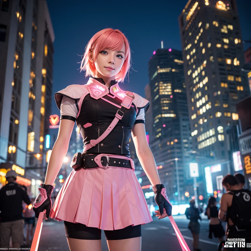 One person,Cowboy Shot, Beautiful Nora_Valkyrie, View your viewers, smile, short hair, blue eyes,Heart Cutout, gloves, Jacket, Pink Skirt, Pink Belt, Short sleeve, Puff sleeves, Wrist Seal, fingerless gloves, Orange Hair, pink gloves, Dynamic pose, night, Outdoor, city, (Volumetric lighting), Highest quality, masterpiece, Intricate details, Tone Mapping, Sharp focus, Super detailed, Trending on Art Station,