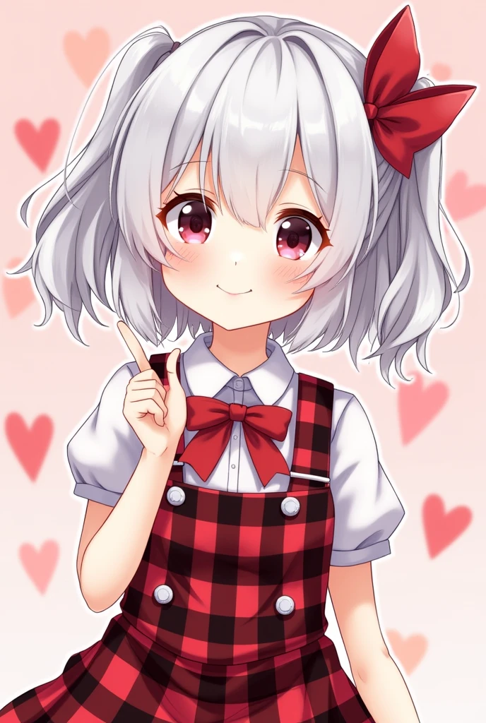 masterpiece、10 year old girl、cute anime girl ,White Hair、twin tail、ribbon、short hair、red and black gingham check outfit、smile、Focus on the face, heart background