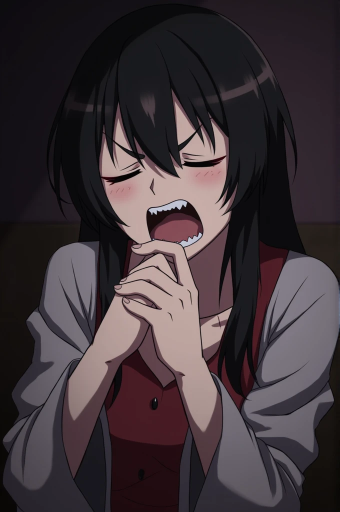 The character Albedo from the anime Overlord barefoot with an expression of pain as his thumb is bitten by a set of teeth. 