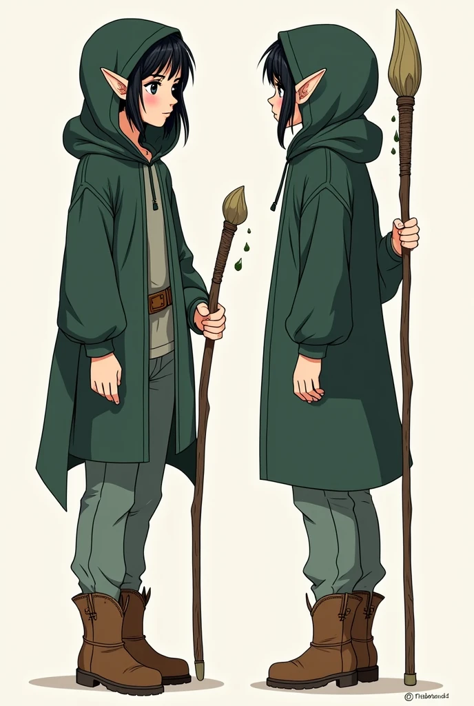 (character sheet),solo,A teen age girl , highlighted black hair, wearing pants ,line art , dark green robe, hoodie, character sheet detailed,3 different angles, highly detailed body parts, elf ears, thin yet strong body, mage staff,brown boots