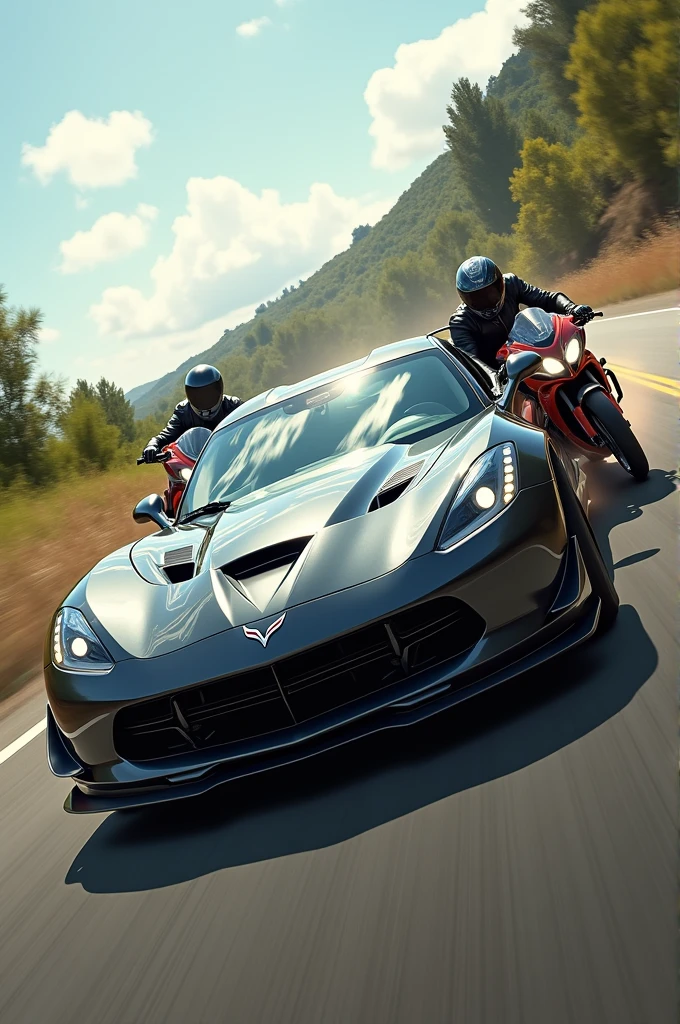 Create a car fighting a motorcycle