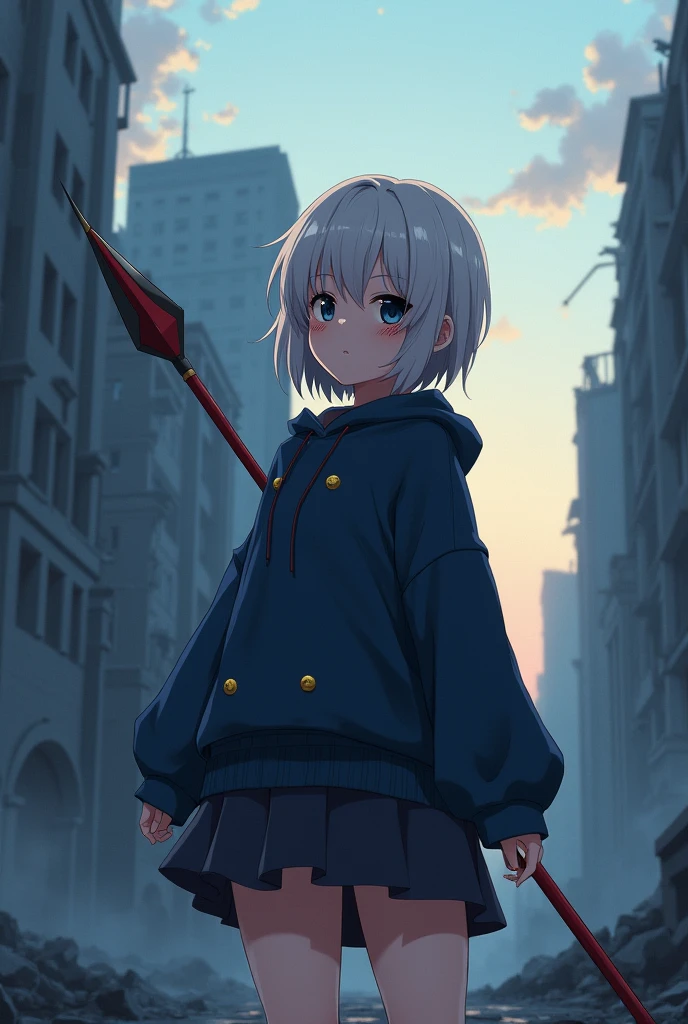 (anime:1.2), a teenager girl, loose clothing, wearing deep navy hooded shirt, deep navy shirt with golden button, a deep navy skirt, platinum hair, short hair, black eyes, relaxed pose, holding a spear, image shot from her back, bleeding, broken city in background, cold colors, dawn ambience