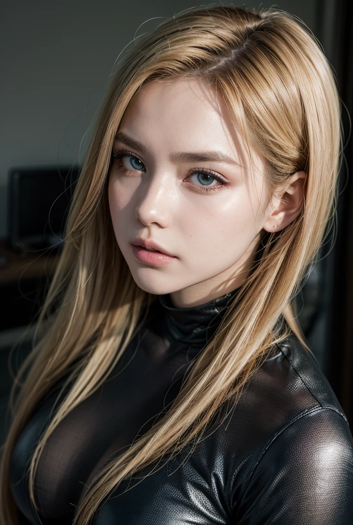 realistic portrait of a sexy and busty female superhero character in the style of Deadpool, with blonde hair, wearing a tight costume, holding swords, striking an alluring and confident pose, with a large, shapely backside, (best quality,4k,8k,highres,masterpiece:1.2),ultra-detailed,(realistic,photorealistic,photo-realistic:1.37),extremely detailed facial features,beautiful detailed eyes,beautiful detailed lips,extremely detailed eyes and face,longeyelashes,intricate costume details,dynamic lighting,dramatic shadows,vibrant colors,cinematic composition