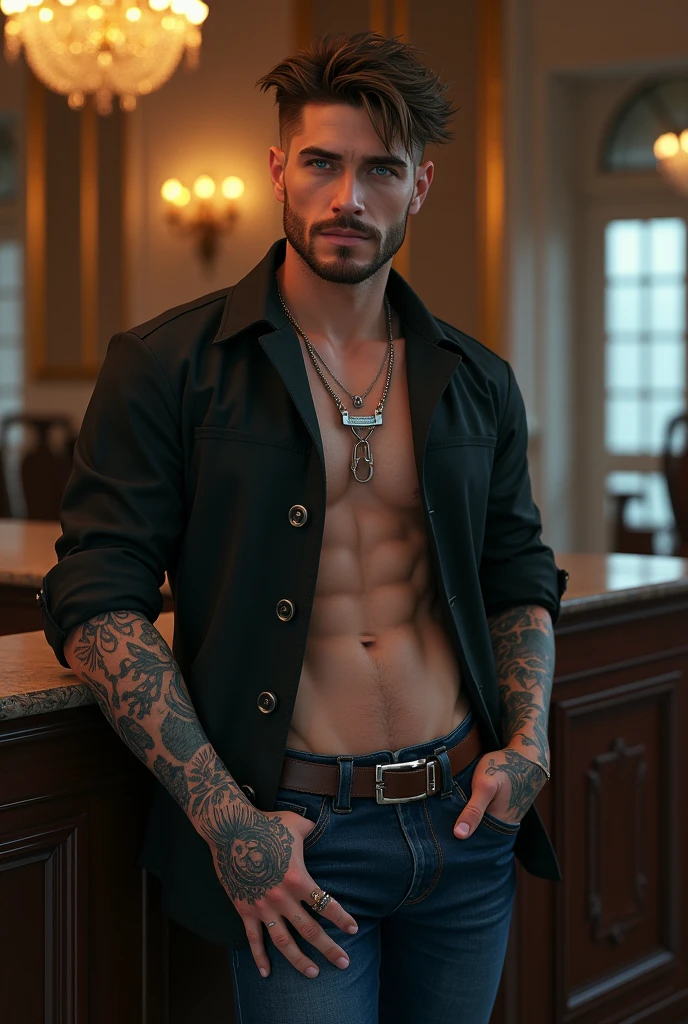 Create a guy in his 30s with Russian and Italian features, Let his eyes be blue, medium light brown hair, height of 1.muscular with tattoos on his left arm that reach his fingers , A piercing on his lower lip on the right side. May he be dressed in elegant 90s clothes.