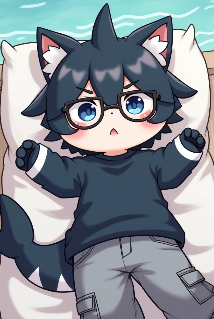 Fursona, Black and White Stripes Shark, Furry Art, Cute,  beach, baggy black shirt and grey cargo pants, embarrassed, black hair, Male, twink, Round glasses, Black Paws, Paws, Laying im bed, blue eyes, blushing 