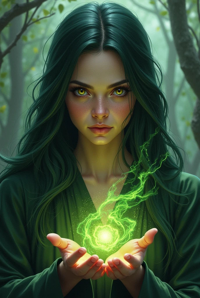 Female sorcerer and druid character
with dark green hair and yellow eyes
With freckles