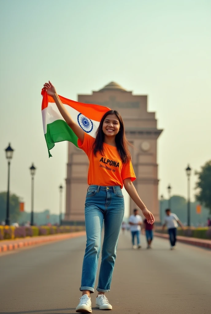A real 20 years old gril, Wearing Orange T shirt blue jeans sneakers and the name "ALPONA" is written on his t-shirt and the boy is standing on the road with holding a national flag of India, and behind him is the India gate Delhi. And "Happy Independence Day 2024" written at above sky Create Realistic image high quality