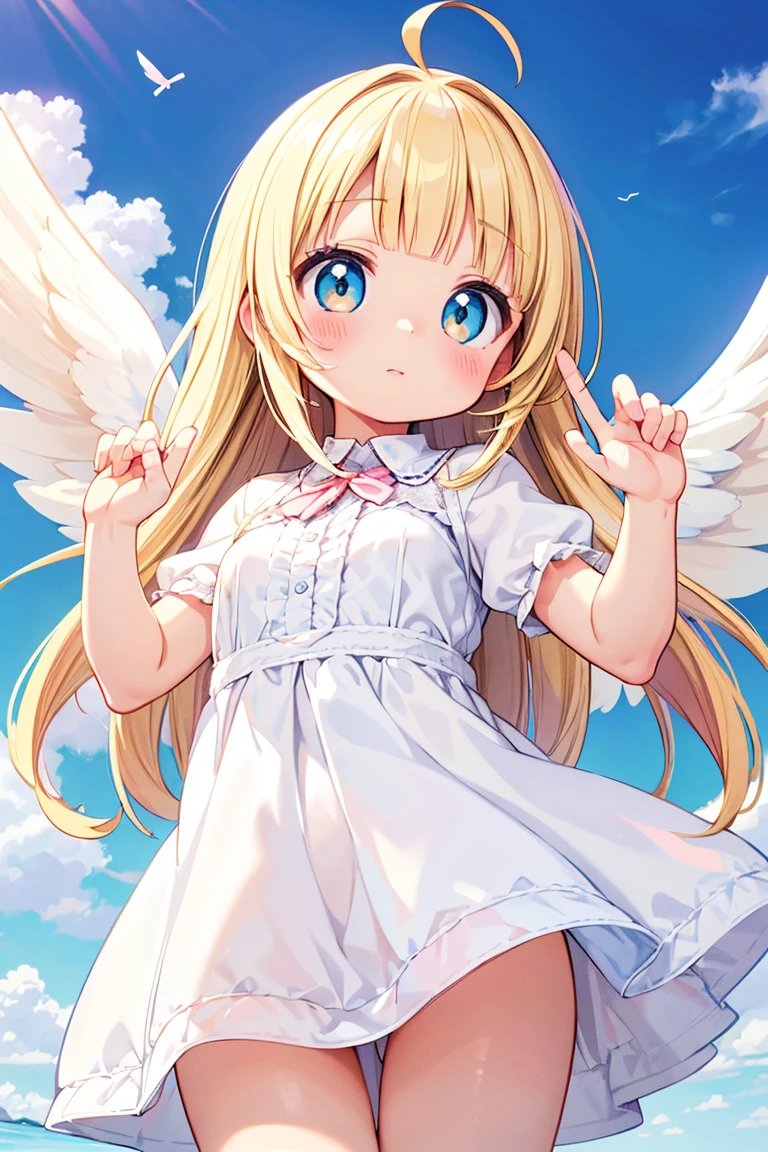 Beautiful illustration, best quality, cute girl, ((Cloudy sky as background)), pastel color, natural tones, ((Cute angel)), ((Blonde Bangs)), ((Ahoge)), ((Looking at viewer)), ((Slim body)), ((White dress)), ((Small angelwings)), (Blush), bright lighting, ((Big eyes)), ((Naughty)), ((Playful pose)), ((Perfect hands))