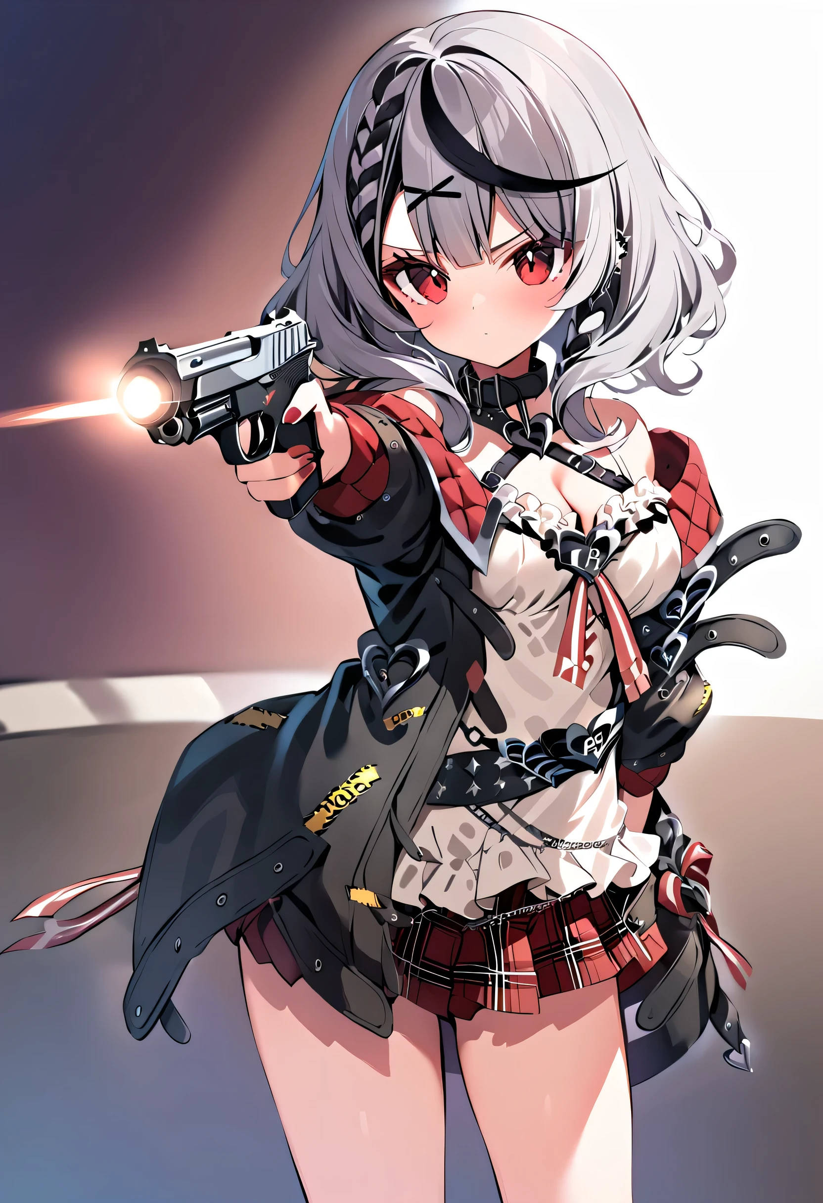 sakamata chloe,holding weapon, holding gun, handgun, hand in pocket, aiming, 1girl,