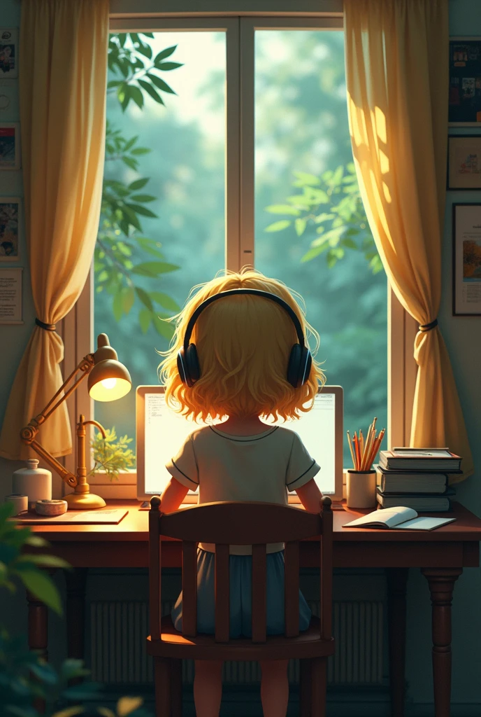A Lofi girl like blonde Russian cute girl with A hair clip and a headset is at a desk in a room which a forest can be seen