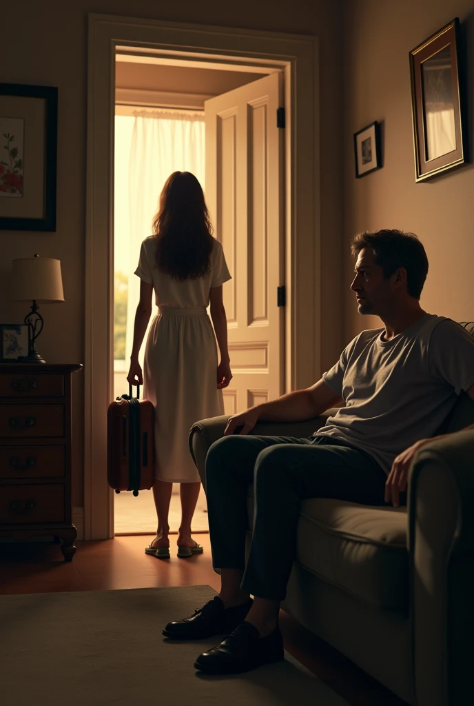 The woman is leaving through the door with a suitcase of clothes and the man is sitting on the sofa, looking serious.