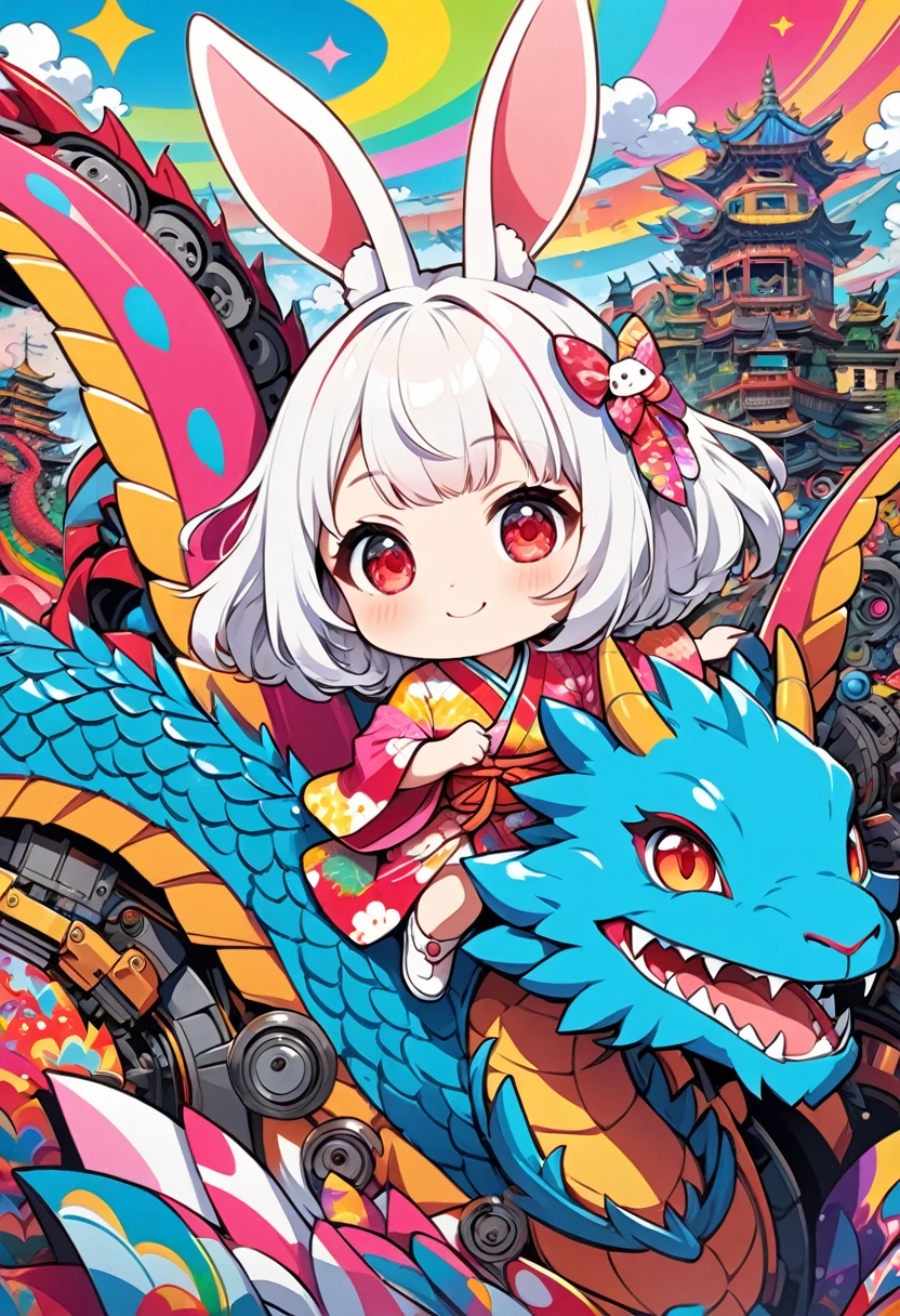 Fantasy  CG Illustration.A Ultra Chibi Style style  of a girl wearing colorful kimono and riding a dragon.(The girl is a beast:1.2).Rabbit beastman,The girl has short fluffy white hair and red eyes.A rabbit face with rabbit ears growing,She is wearing a colorful kimono with a pop pink base and a cute rabbit pattern on it.The girl flies through the sky on a white dragon made of machinery.She smiles and points in the direction we're going.The background of the otherworldly world of pop art, with its many psychedelic patterns and colors,Front shot of a dragon and a girl,High quality,High precision,Masterpiece best Quality,4k.8k,Ultra detail,Ultra fine painting,Professional illustration,Vivid color,
