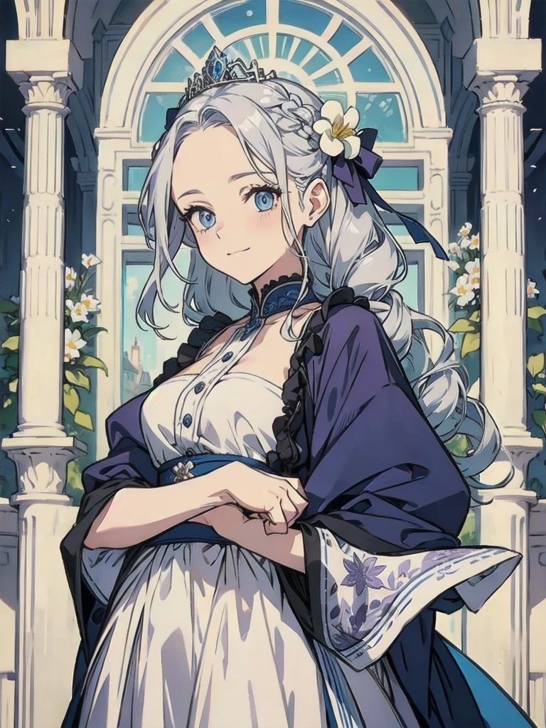 ((Highest quality)), ((masterpiece)), (detailed), Gray Hair、White hair long wavy hair、Curly long hair、Daytime、Blue Eyes、Princess、Princess、clear、Pitiful、One person、Victorian、beautiful girl、human、One person、flower、Forehead is exposed、Smile、curly hair, party dress, At the ball, light yellow Evening dresses、garden , flowers,Hair French twist, braided up, Light purple dress