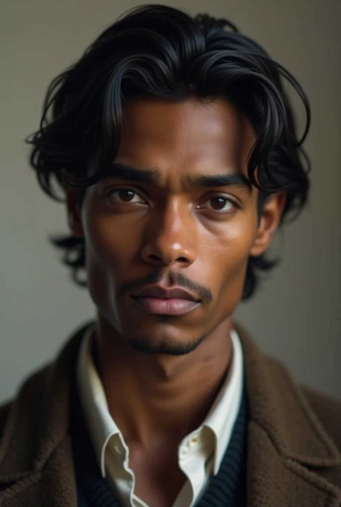 You can describe me as an attractive man, a tall person , dark brown skin, medium length hair with a bookish style, thick eyebrows, hunter's look, Without beard, and with a young face