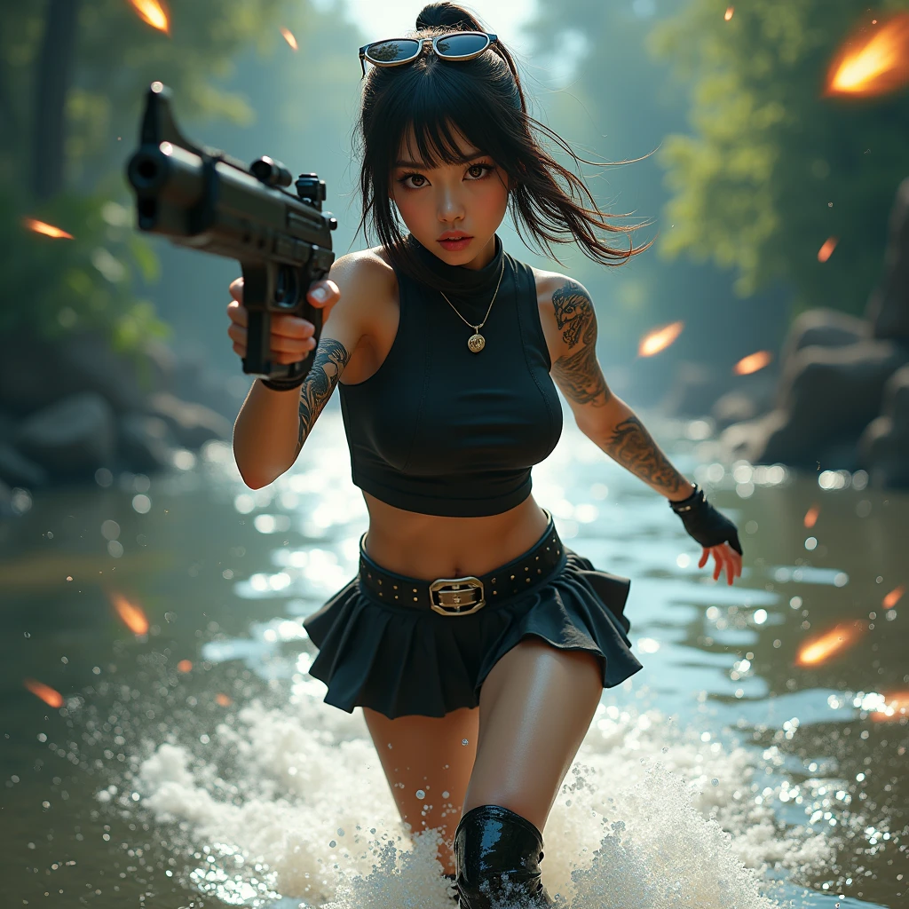 Foto realistic:1.55 masterpieces,Best Quality,a beautiful young girl, 4k, ultra detailed, Japanese dragon color tattoos, in it, with an expressive and beautiful face, long eyelashes, wearing a tight black military top with big breasts and a black miniskirt, wearing fancy black long boots, full body facing forward and running on foot through a river ,dodging bullets, movie lights, pose sexy, flawless makeup,shiny skin,young,pointing with a super detailed futuristic weapon, creating a 3d effect 