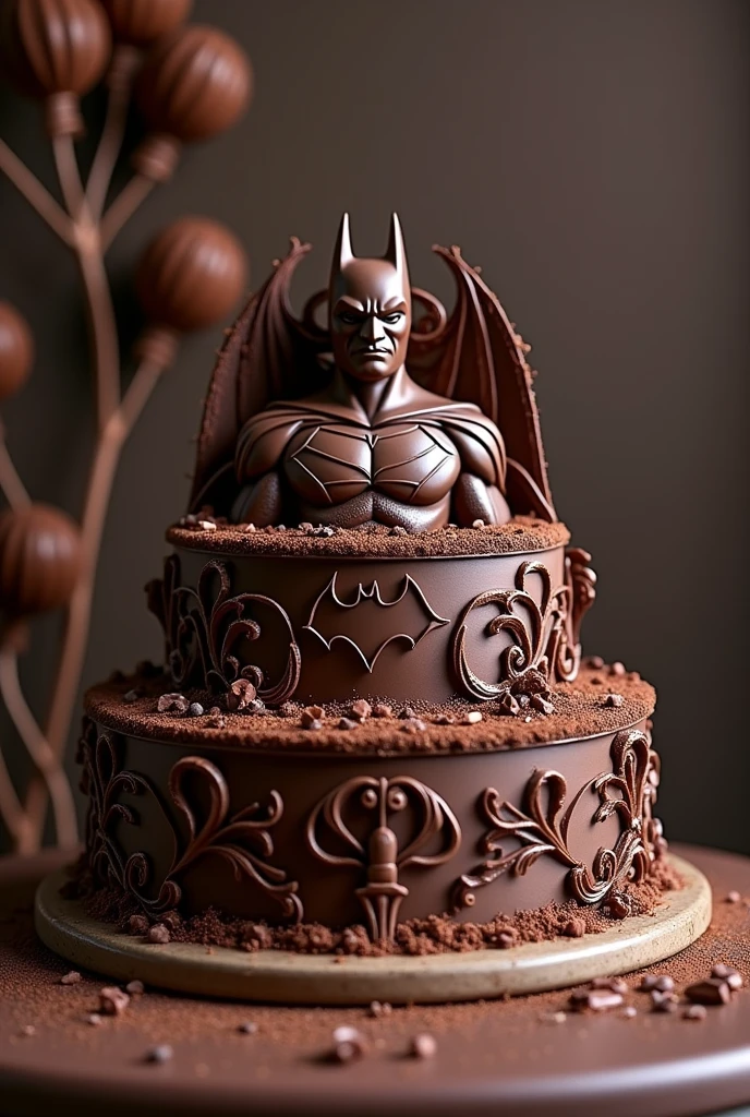 Make a chocolate birthday cake with batman on top more designs around the cake and make it look fancy and realistic cake 