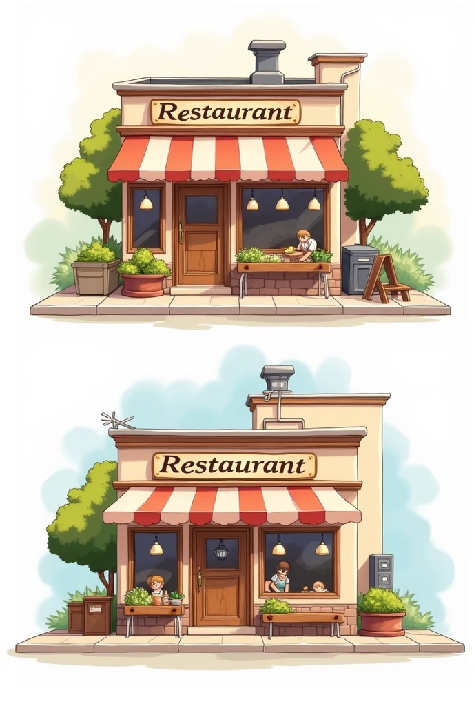 Create a drawing of the front and back facades of a restaurant that is easy to draw in a way