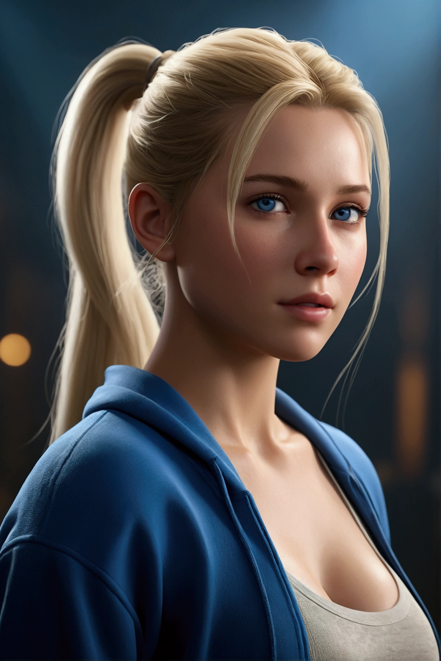 realistic , mistery, warm foggy ambient, a beautiful blond woman, 20 years old with light blonde hair in a ponytail, detailed clothes, perfect size breasts, modeling expressions, beautiful blue eyes, Highly detailed, photorealistic, 8K resolution, 60 frames per second, ultra-realistic textures, accurate lighting, realistic physics, detailed character models, intricate environments Cinematic quality, movie-like visuals, detailed special effects, realistic animations, smooth motion, high-quality sound design Real-world accuracy, precise details, authentic environments, lifelike characters, realistic dialogue, engaging storyline