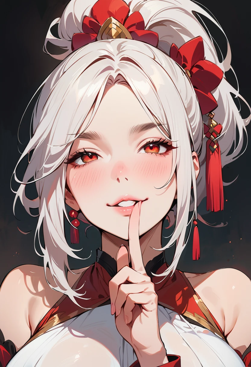 (masterpiece, best quality:1.4), 1 girl, 独奏, Red pupil, Blurred eyes, Smile, Look up and down, Pink lower lip, Left index finger touching face, Silver asymmetrical hairstyle, Long bangs on one side, High ponytail royal sister, Huge breasts, White Dress, black background.