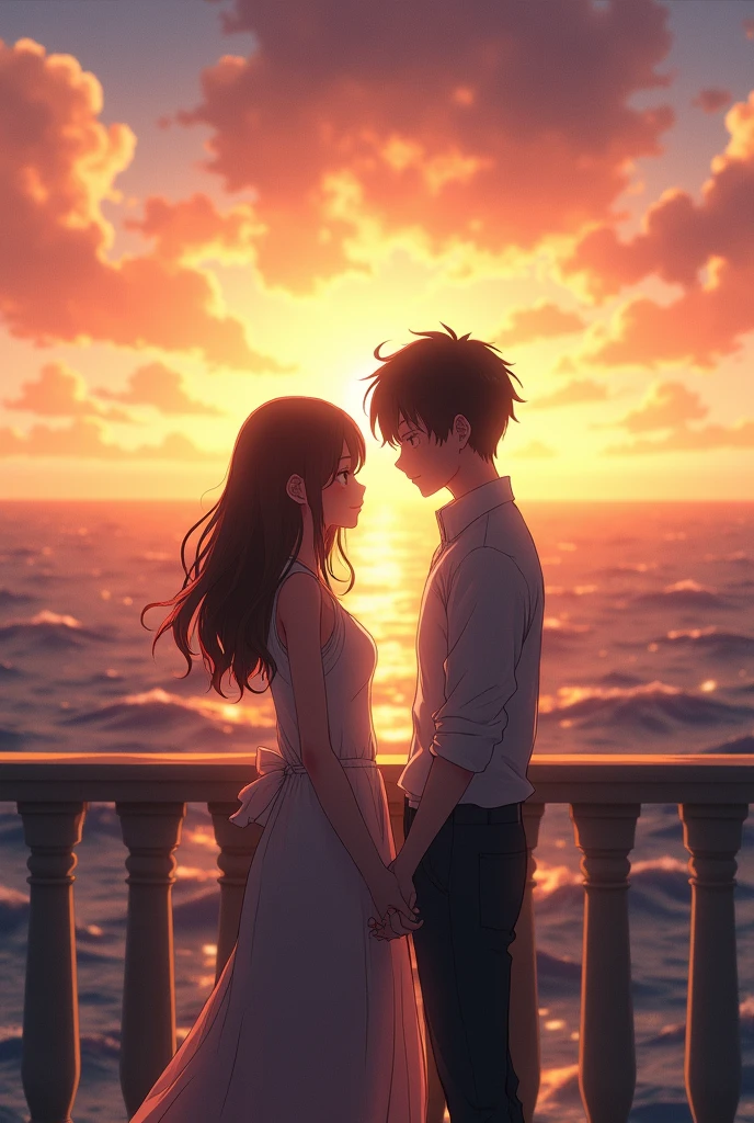 Create an image of Marin Kitagawa and Aki from 'Chainaw Man' standing with their backs to the sea on a balcony, looking like a couple.