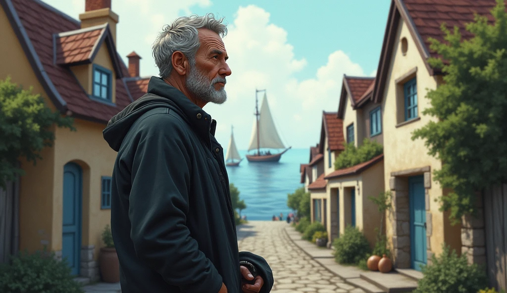 Middle aged boy in the Village: The young sailor middle aged boy in his village, looking sad and contemplative.