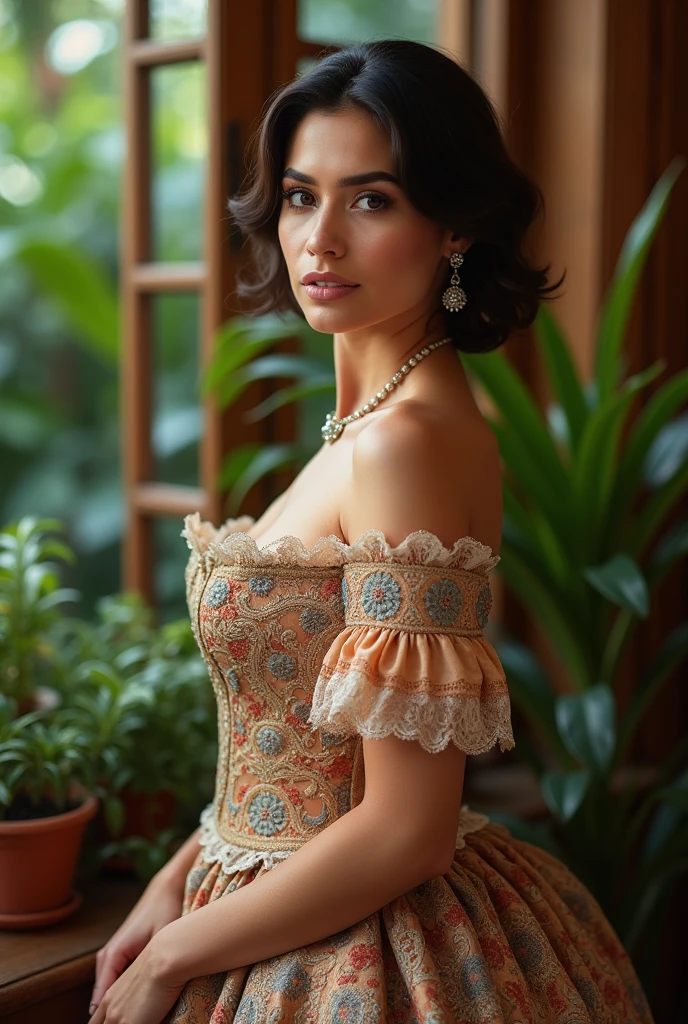 Beautiful latina woman perfect body short brunette hair,  dressed in elegant victorian era 19th century American colorful conservative formal studio lighting,  beautiful outdoor paradise background 