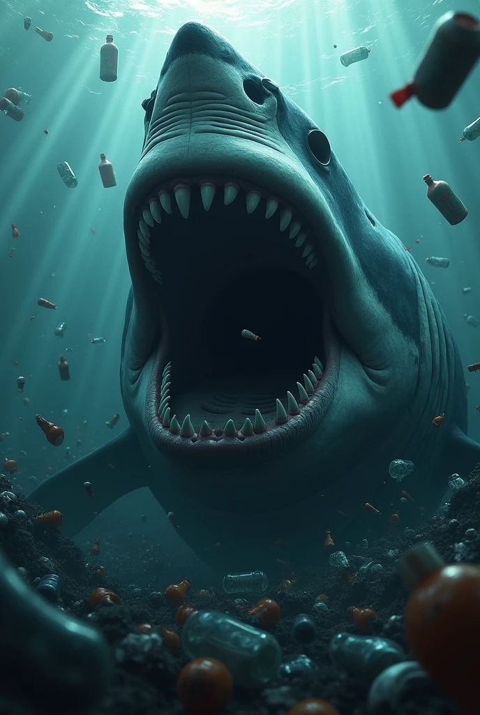 Open-mouthed Megalodon with plastics around him 
