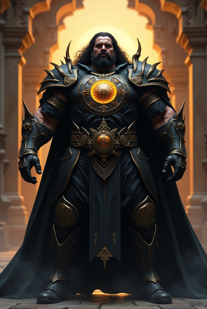 A black sun cleric with a sun pattern emblazoned on the chest of his armor, He's 140 kilos of pure muscle and has a black mustache and black hair.