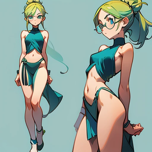 Thin age girl with long green hair, with a slightly round thin face with big blue eyes He wears square glasses
With straight, long green hair, styled in a ponytail
Slim, well-defined body with a small bust and wide hips, thin but toned arms and long, slender legs.
Dressed in a Transparent erotic Greek toga
(((character sheet))) ((various views)) ((front and back) (Face detail) (full body)