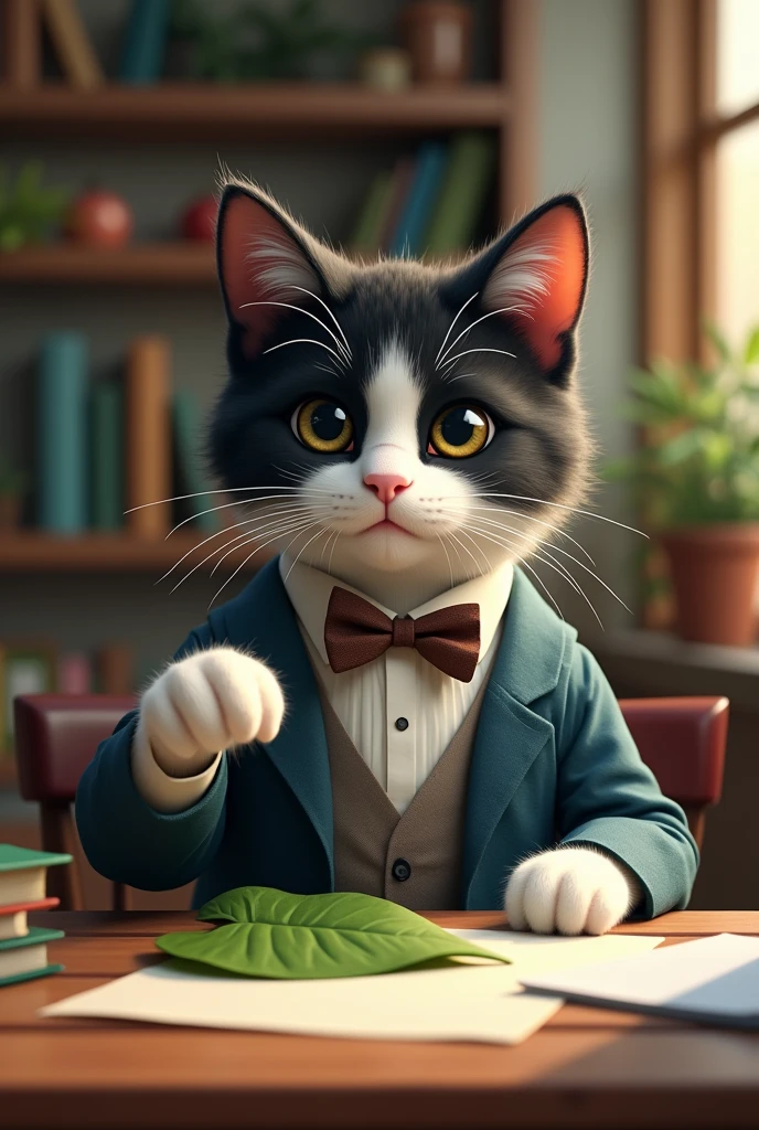 best quality,Ultra-detail,realisti:1.37,a black, white cat with ,Cat Dressed as a Teacher ,Cat Instruction,cats, learning,Table,cat drawing on the Table,cat pointing at the leaf,serious look,catsausdrücke,Educational Atmosphere,catszubehör,Bookshelf in the background,well lit,Instructional Situation,Vivid colors,Wisdom Ambience,School Supplies
