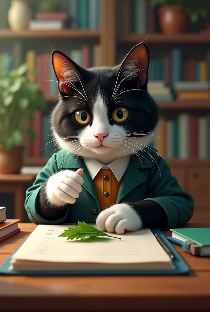 best quality,Ultra-detail,realisti:1.37,a black, white cat with ,Cat Dressed as a Teacher ,Cat Instruction,cats, learning,Table,cat drawing on the Table,cat pointing at the leaf,serious look,catsausdrücke,Educational Atmosphere,catszubehör,Bookshelf in the background,well lit,Instructional Situation,Vivid colors,Wisdom Ambience,School Supplies