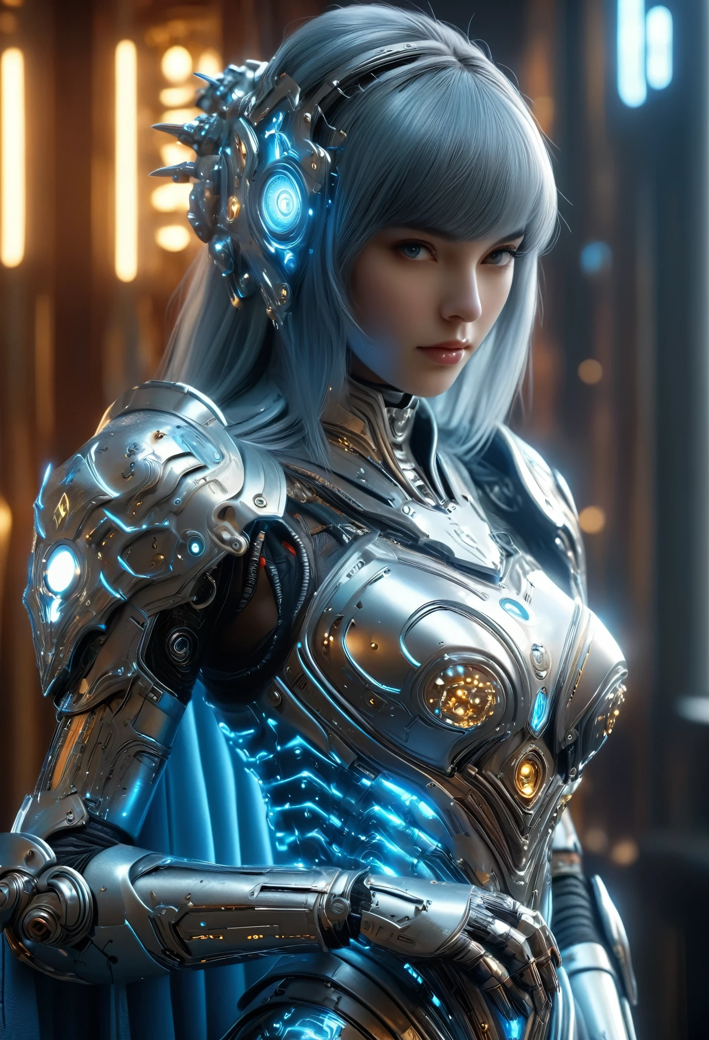 (Best Quality, 4K, 8K, High Resolution, Masterpiece: 1.2), (Super Detailed, Realistic, Photorealistic:1.37), A woman in futuristic clothing, (erotic and sexy:1.4), Trending on cgstation, Trending on cgstation, (Portrait of a girl in the Knights of the Zodiac:1.4), (blunt bangs:1.7), Cute Cyborg Girl, Perfect android girl, Portrait Astronaut Girl, Beautiful girl cyborg, Girl wearing pale blue mechanical cyber armor, Game CG, cgsociety and fenghua zhong, Beautiful Cyborg Shrine Maiden, Bioluminescence, (Gal Gadot:0.6), Anatomically correct grip, Anatomically correct four fingers and one thumb, (long claws:1.4), erotic and sexy, A gorgeous cape with beautifully detailed embroidery, energy ball