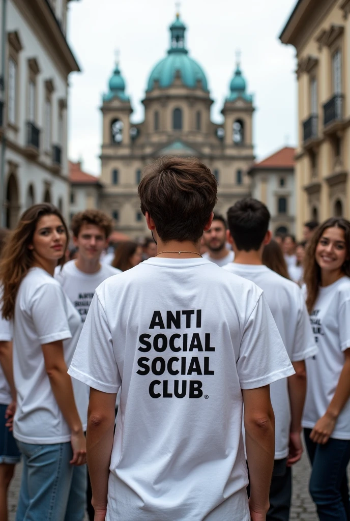 Photos of young men and women wearing white t-shirts with the Anti Social Social Club logo on the back, in landscapes of the Cuenca Cathedral, Ecuador