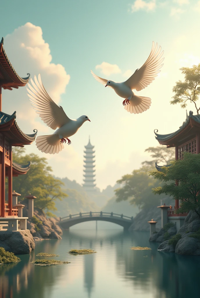 Genarate a picture of to doves flying above china temples