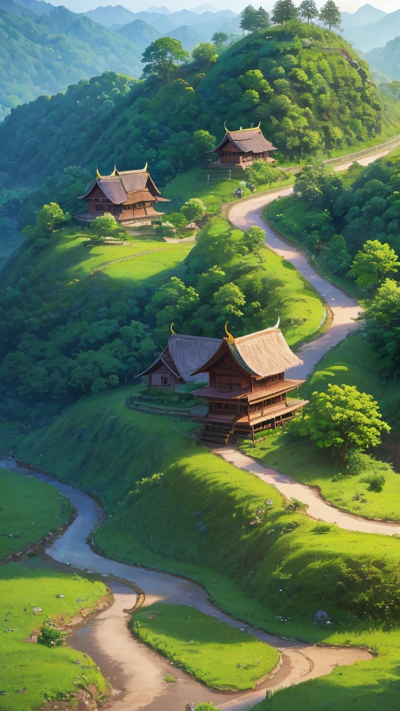 detailed curvy road, curvy stream, mountain landscape, small rural village, traditional Myanmar architecture, thatched roofs, wooden houses, dirt paths, lush green vegetation, overgrown foliage, warm lighting, soft colors, atmospheric haze, serene tranquil mood, realistic detailed 4k, masterpiece, ultra-detailed, hyper-realistic, cinematic, natural lighting