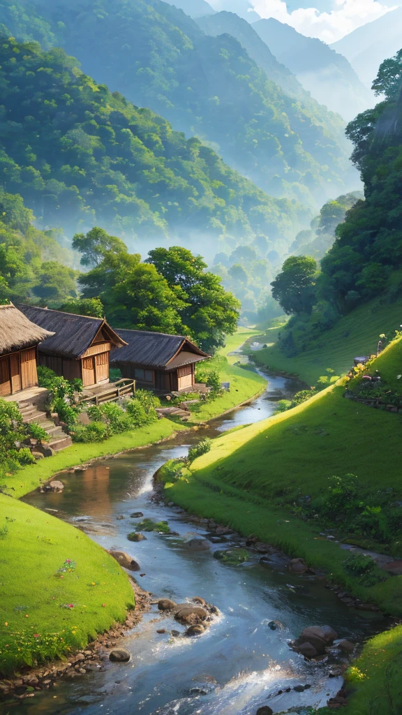 detailed curvy road, curvy stream, mountain landscape, small rural village, traditional Myanmar architecture, thatched roofs, wooden houses, dirt paths, lush green vegetation, overgrown foliage, warm lighting, soft colors, atmospheric haze, serene tranquil mood, realistic detailed 4k, masterpiece, ultra-detailed, hyper-realistic, cinematic, natural lighting