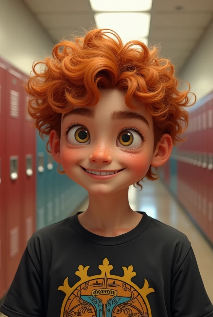 A young male teenager with American features from the waist up, realistic texture,in the hallway of an American school filled with lockers. Rebellious curly red hair all over, Above the eyes. Light honey-colored eyes and shorter light lashes, Curvilinear, straight eyebrow. A sweet smile on his face, has prominent cheeks and freckles under his eyes and nose. Small chubby nose, Round face, very white skin. fleshy lips. athletic body. He wears a Queen band t-shirt. Similar to Kit connor.