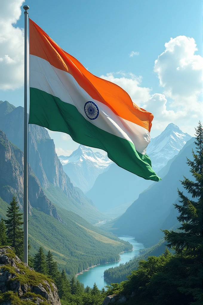 Big Indian flag with hills mountain river scene 