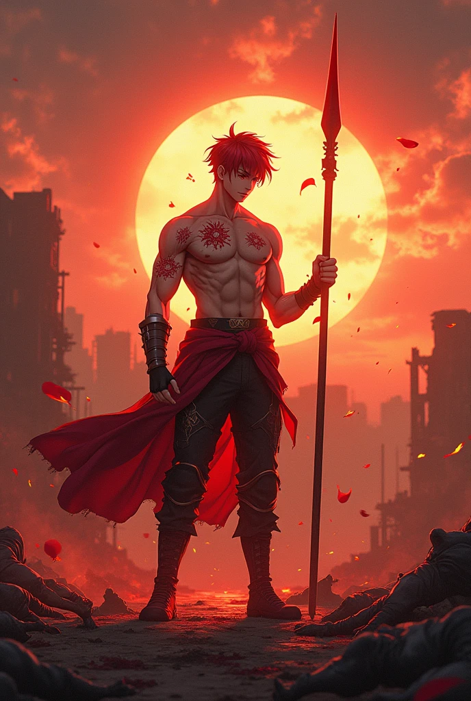 ((Masterpiece)) ((Ultra-detailed)) ((Fantasy)) An 19 years old boy,red tattoo, Red short hair, lean muscular figure, anime face, perfect muscle, shoulder, bicep, tricep, holding spear , perfect art, Glowing red particle, at battlefield on sunset, demon back,ruined city, corpse, full body