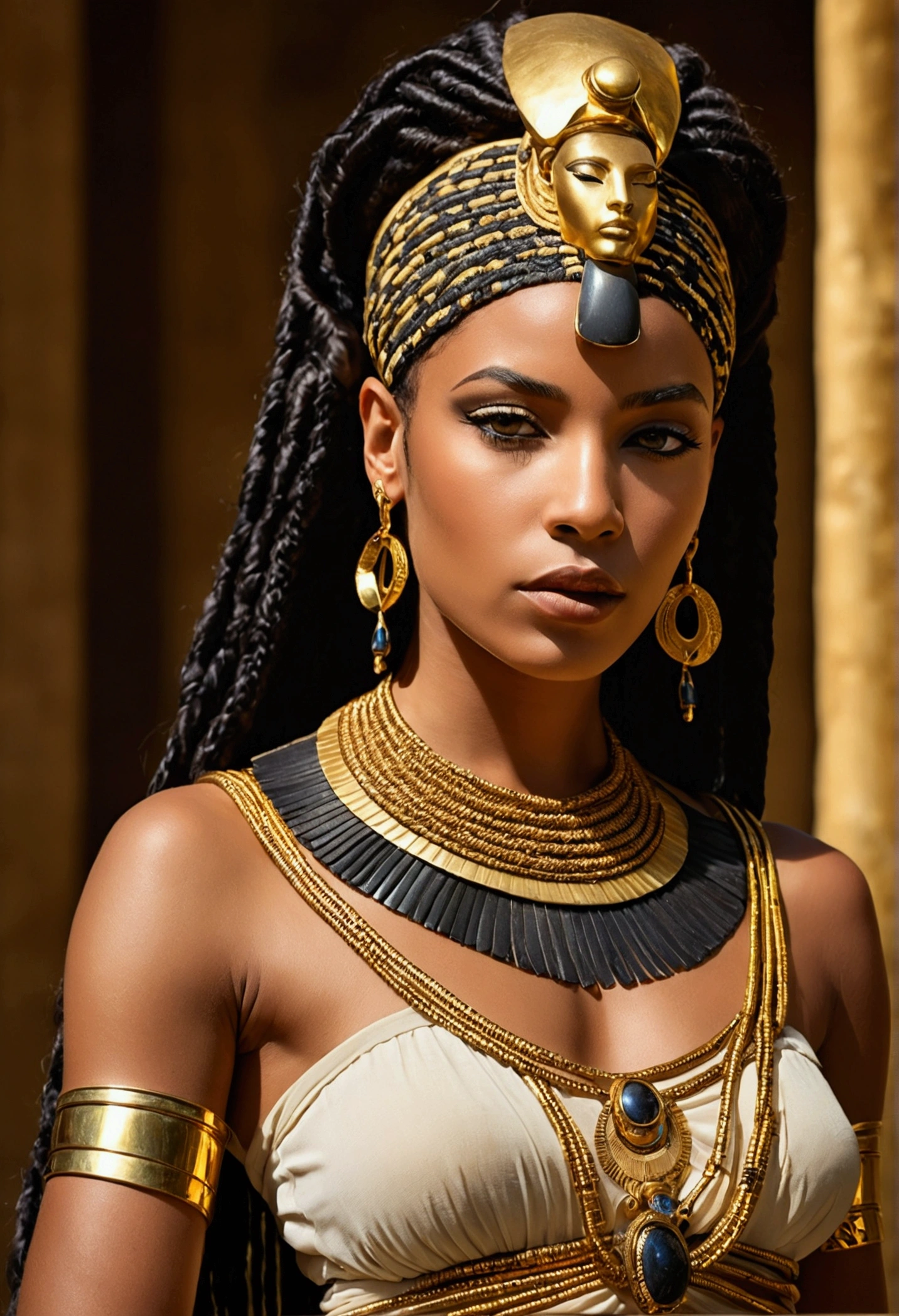 (cleopatra), (Egito), (kemet) black female, gorgeous  woman, sensuous, chic, gold and jewels , (whole body), braided hair