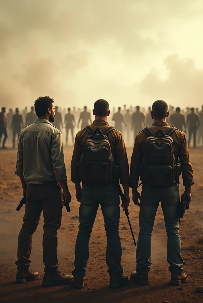 3 men with their backs turned looking at several zombies on the horizon
