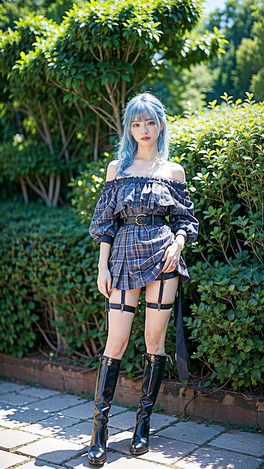 (8k、RAW Photos、Highest quality、masterpiece:1.2)、(Realistic、Realistic)、1 person、((Light blue hair、boots、Off the shoulder、garter belt、whole body、garden、Check mini skirt、garden、View from the front、Looking into the camera、Hands on your hips))、cute