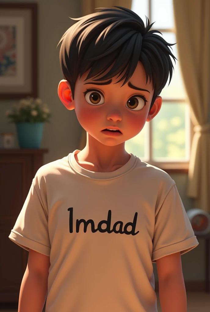 A boy wear a t-shirt and in t-shirt imdad name is writed and he proposeing a girl name sumari in his shirt