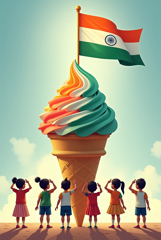 
Some children standing and saluting the Indian flag in an ice cream cone