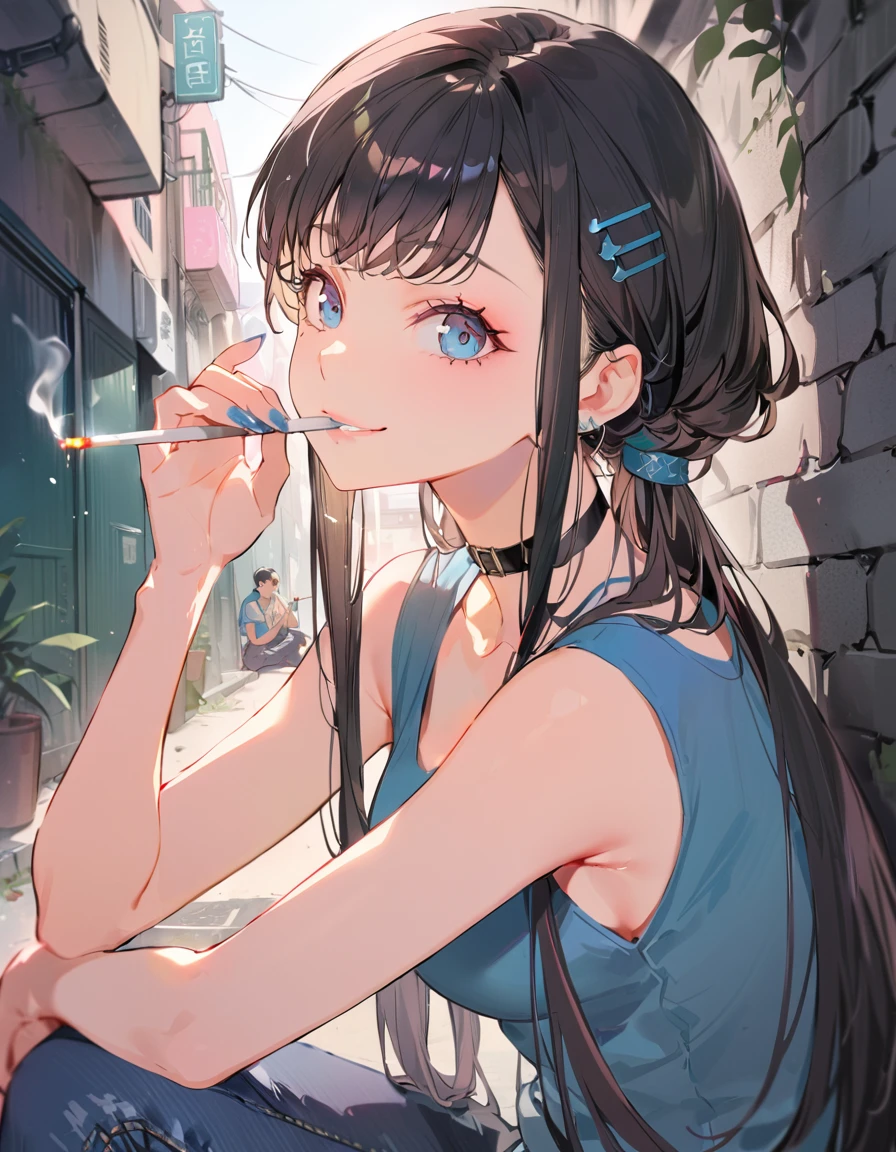 (best quality,very detailed,high resolution:1.2) Black shoulder-length hair , blue eyes , smile , Holding a cigarette in their mouth, Blue eyeliner , light blue hairpin , black choker , Blue tank top and jeans , Sitting with both hands in a V-shape in a delinquent pose , Back alley background