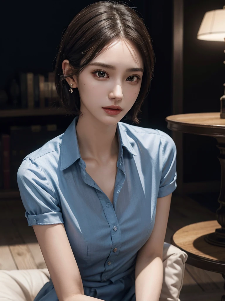 absurdres, RAW photo, extremely delicate and beautiful, masterpiece, Best Quality, ultra high resolution, 32k, hyper realistic, ultra-detailed, Very detailed CG 8k wallpaper, detailed background, landscape, Beautiful Lighting, Perfect Lightning, Realistic Shadows, perfect anatomy, anatomically correct, ideal ratio body proportions, perfect figure, Perfect Style, Perfect balance, super Detailed skin, in her 30s, very Slim body, narrow waist, very small head, very small face, delicate facial features, handsome detailed woman, very detailed eyes and face, realistic face proportions, Realistic beautiful face, Realistic beautiful eyes, tearful mole, earring, very huge round tits, medium short hair, asymmetrical hair, wavy hair, collared shirt, dress, (bare legs), clavicle,