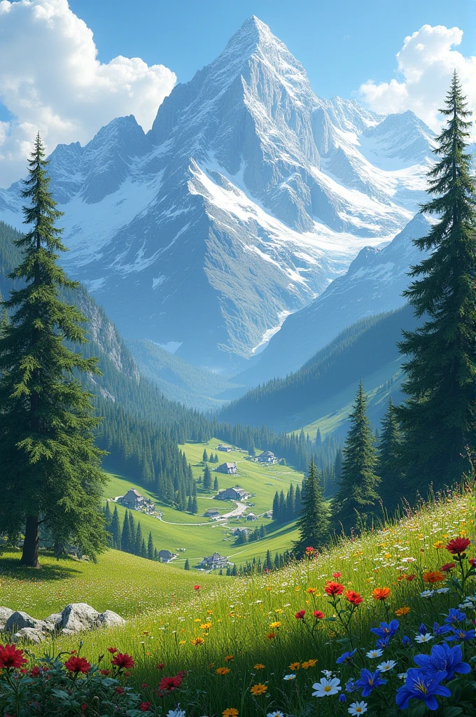 The breathtaking view of snow-capped mountain peaks overlooking a valley carpeted with lush green meadows and a vibrant array of blooming flowers. All this unfolds within a tranquil atmosphere of pristine nature. Trees and flower fields dominate the foreground, while a small village nestled in the valley below comes into view. This scene evokes a sense of the beauty and tranquility of the mountains.