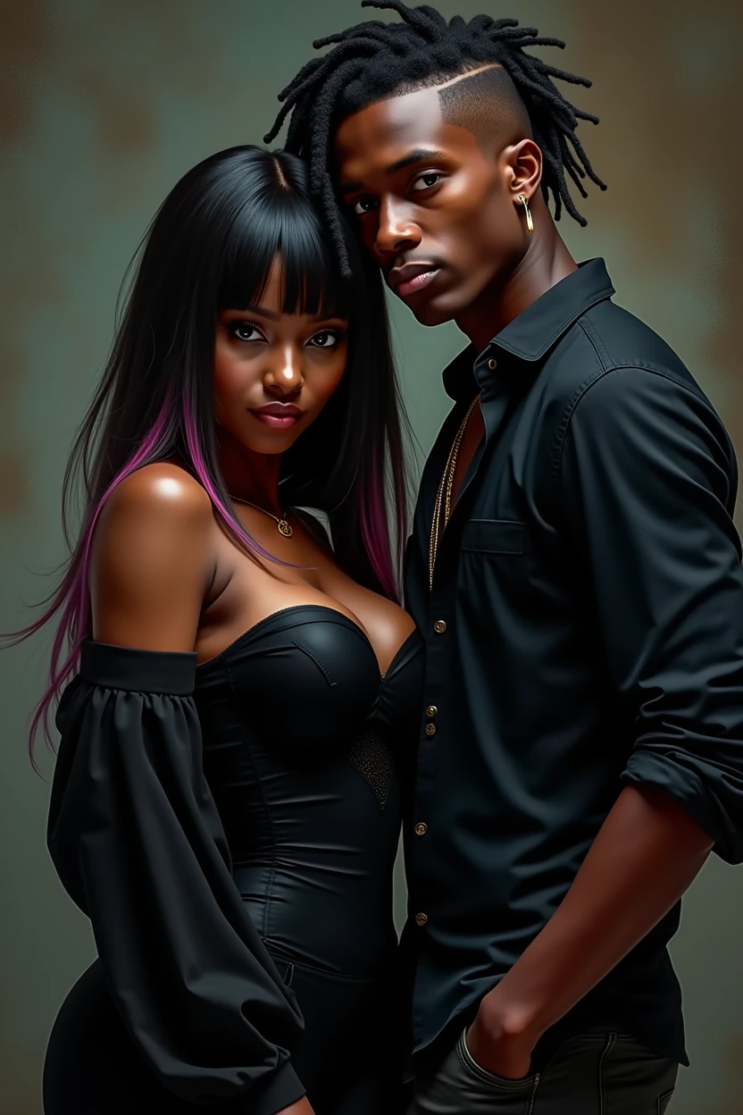 awesome picture of an afro-caribeña woman with dark chocolate skin and a nice body with curves, 21 years old, round breasts and firm, wide and generous hips, straight hair with some strands dyed pink, a little towards red, with the rest of her hair black, a little of that color in the bangs, and a dark-skinned man with short hair shaved on one side, with a thick cord, wearing a black blouse