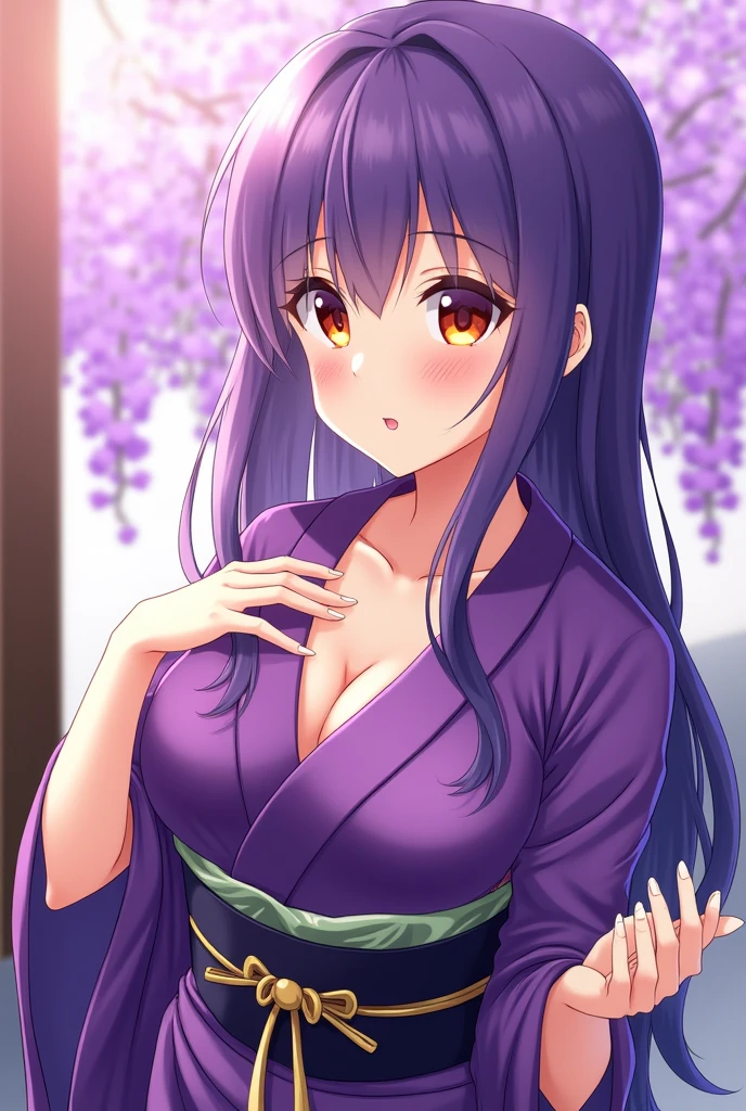 masterpiece, (purple kimono), cute anime and seductive face, good lighting, décolleté, huge breasts, small details, masterpiece, glowing eyes, 1girl, purple hair, gag, Kochou Shinobu, wisteria background, masterpiece, best quality, POV, whole body, wide hips